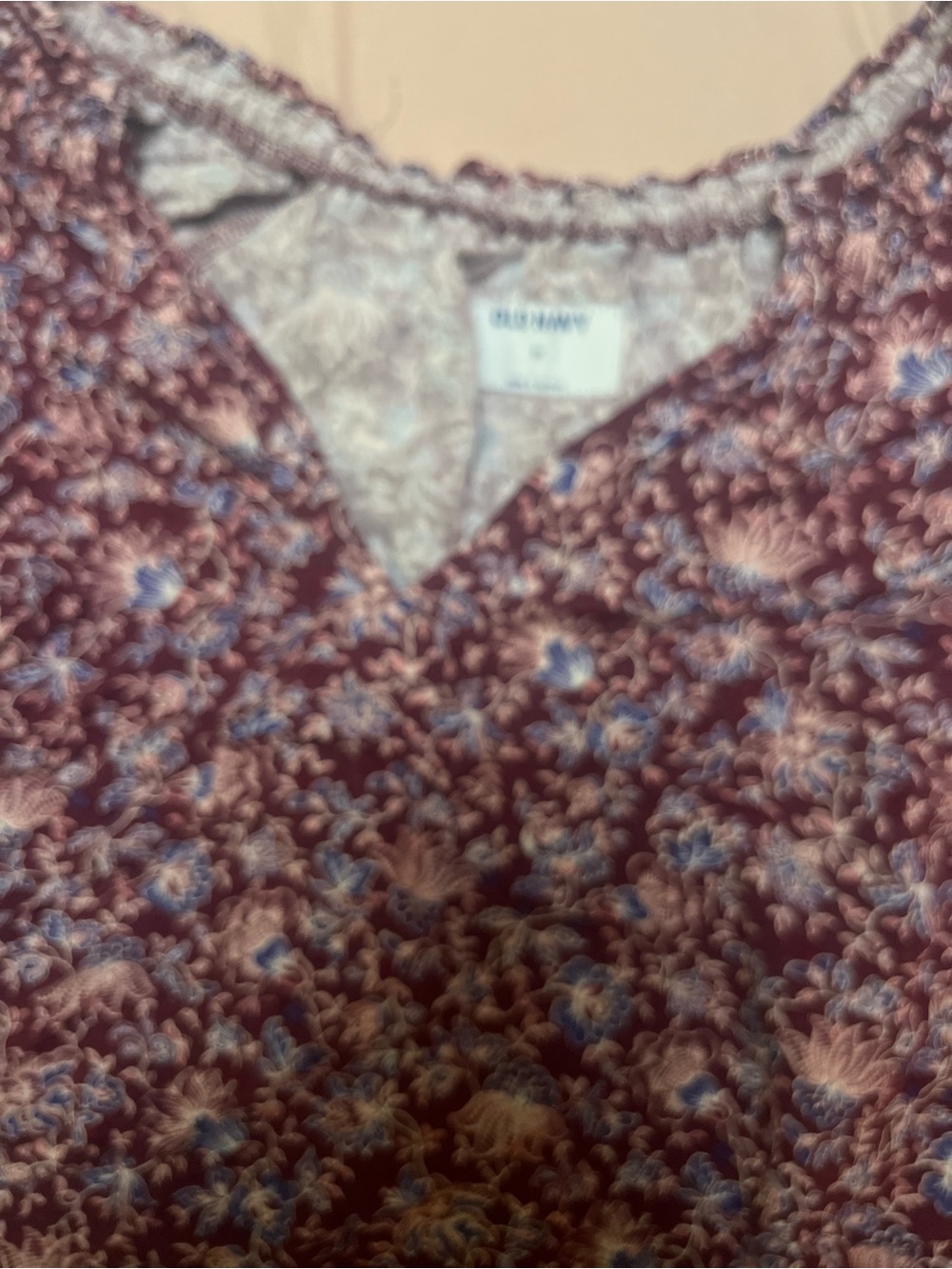 Old Navy Burgundy Floral V-Neck Blouse with Blue and Cream Accents puff sleeve